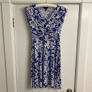 Chaps empire waist, knee-length dress in navy & white flower pattern, S